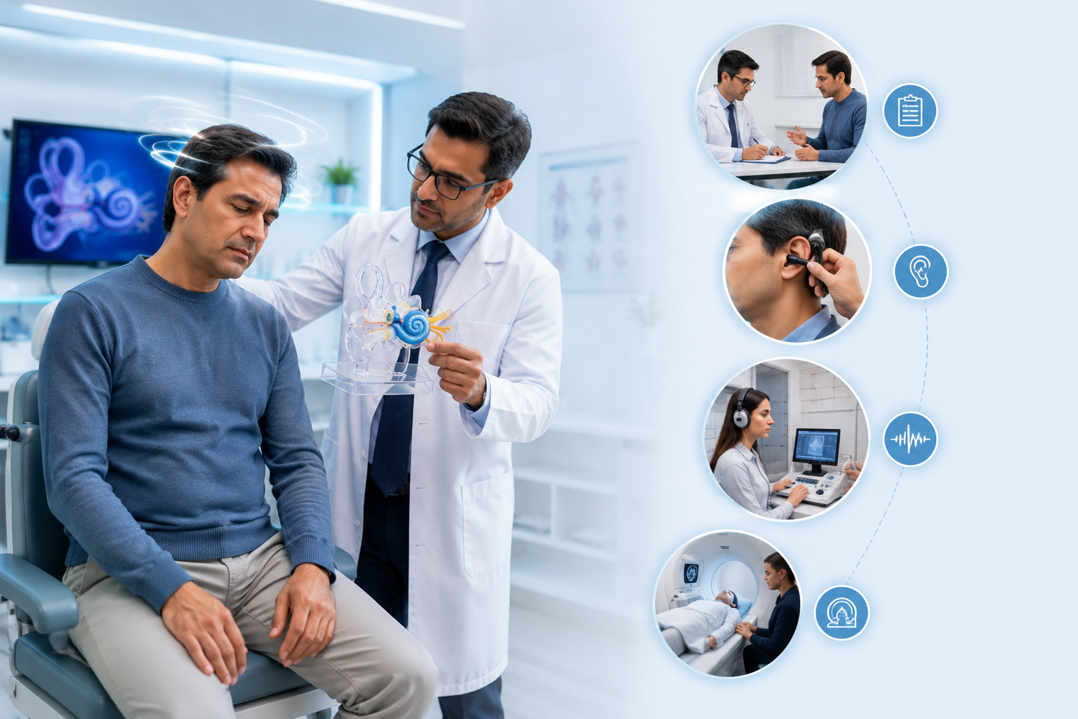 Doctor evaluating patient with dizziness and balance problems